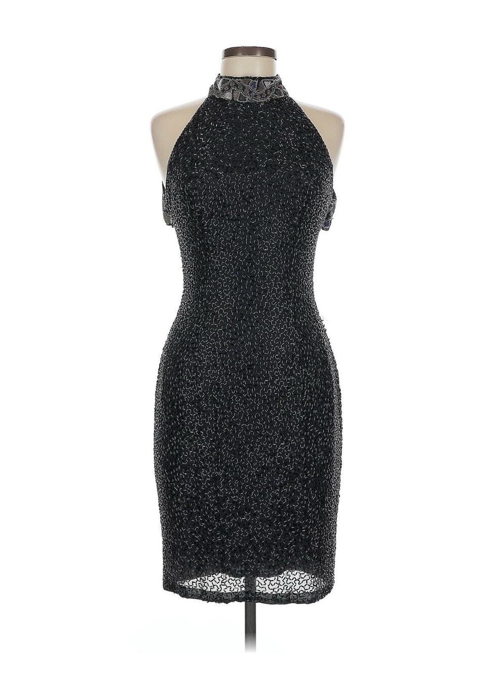 VTG Black Tie Oleg Cassini Black Sequin Silk Halter Beaded Mini Dress 6